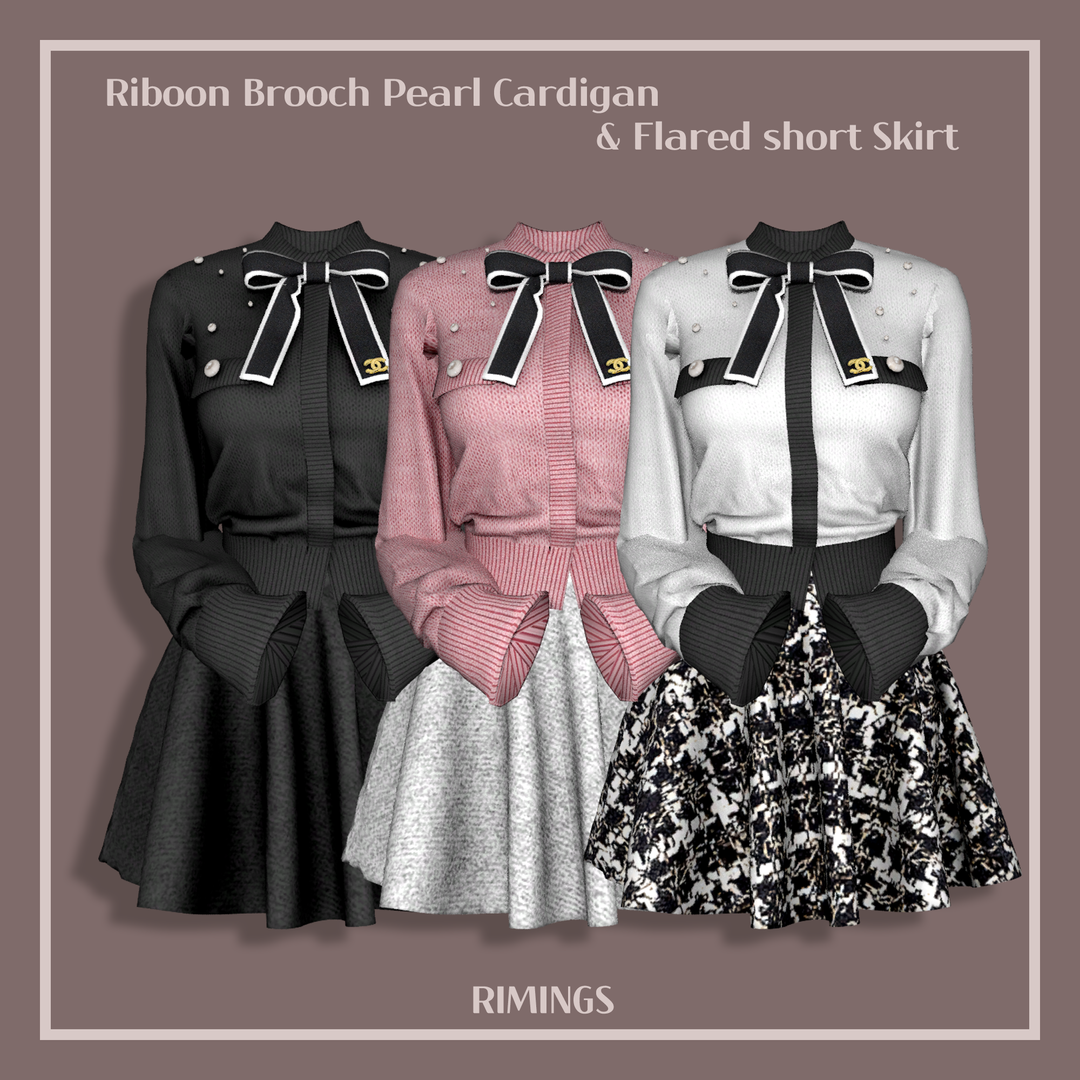 Скриншот мода Комплект Riboon Brooch Pearl Cardigan & Flared short Skirt